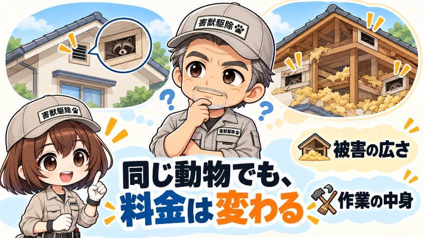 料金は、動物と被害の広さと作業の中身で決まる