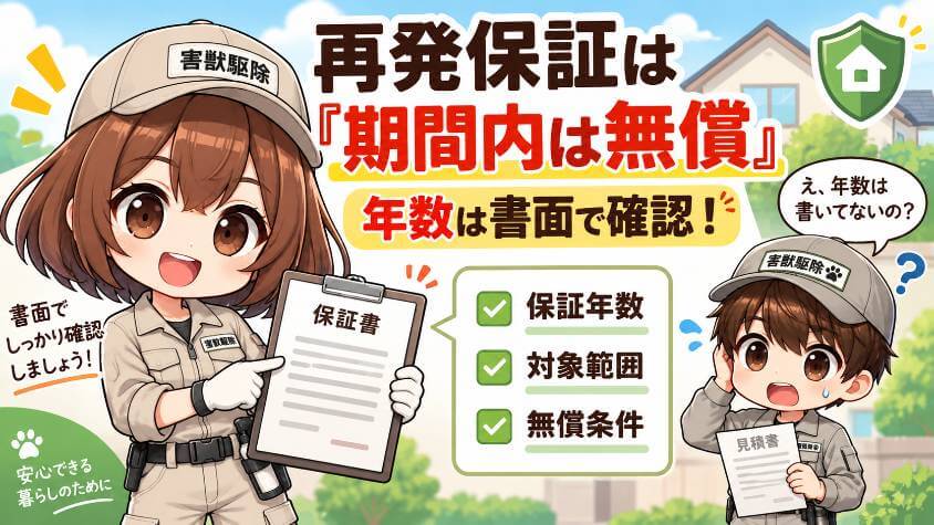 再発保証は「期間内は無償」。年数は書面で確かめる