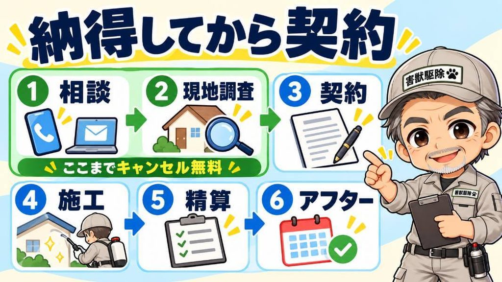 相談から精算までの流れと、契約の前後の区切り