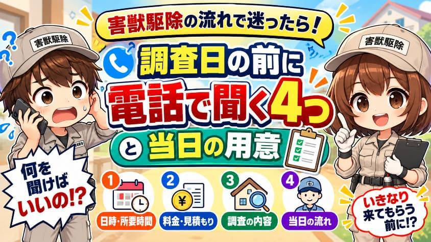 害獣駆除の流れで迷ったら！調査の日の用意と、電話で聞く4つを確かめる