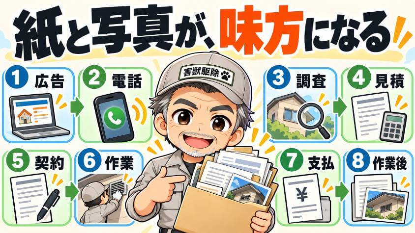 依頼の流れの8つの場面で、つまずきやすいことと手元に残すもの