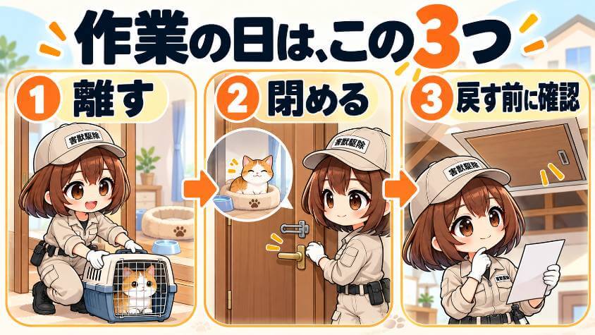 作業の日は、ペットを離して、戸を閉めて、戻す前に確かめる(退避)