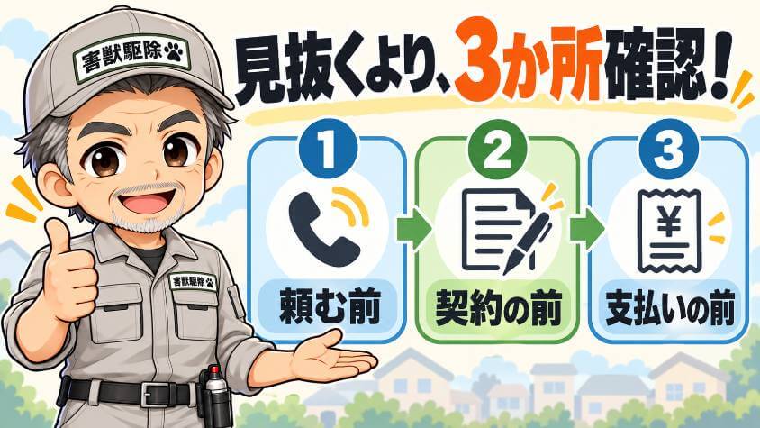 害獣駆除業者のトラブルを回避するには、確かめる場所を3か所に決める