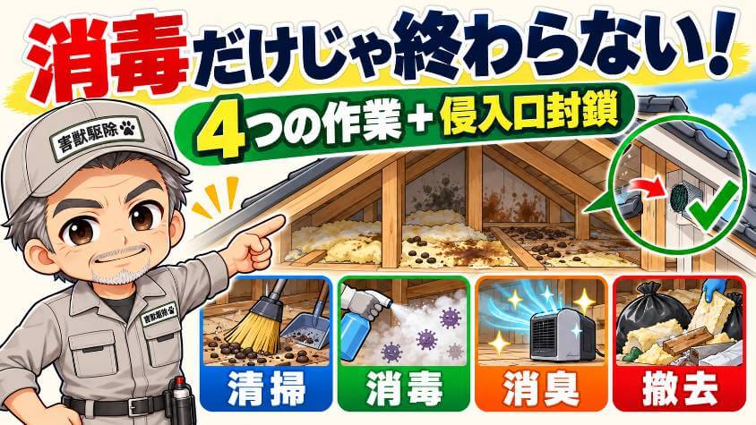 害獣駆除のあとの片づけは4つの作業。消毒は「入口をふさぐ」とセットで考える