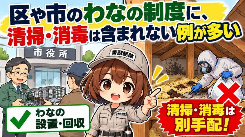 区や市のわなの制度に、清掃・消毒は含まれない例が多い