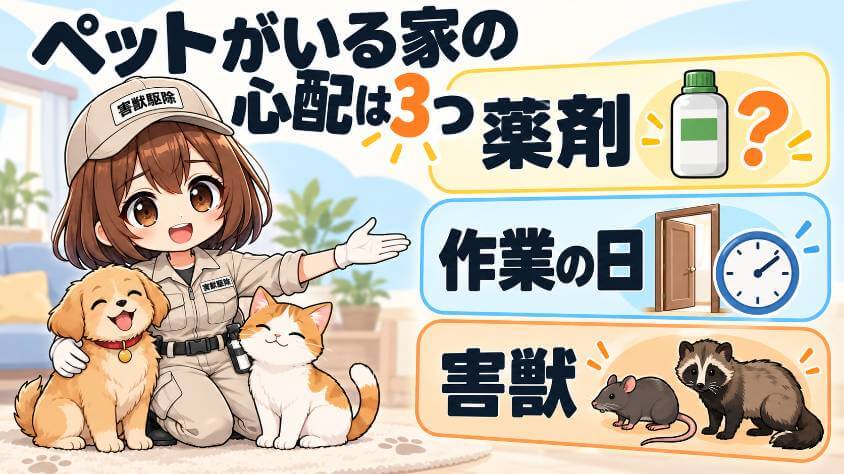 ペットがいる家の害獣駆除で、心配なことは3つ。作業ごとに、ペットに届く道も違う